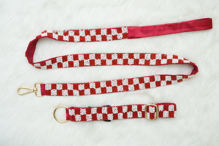 Checkered Leash & Collar Red & White- Floofandco Luxury Premium Dog Leash and Collar for Small Medium and Large Dogs