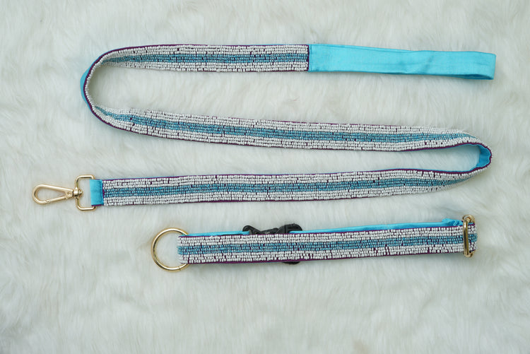 Cyan Pearl Leash & Collar - Blue & White- Floofandco Luxury Premium Dog Leash and Collar for Small Medium and Large Dogs