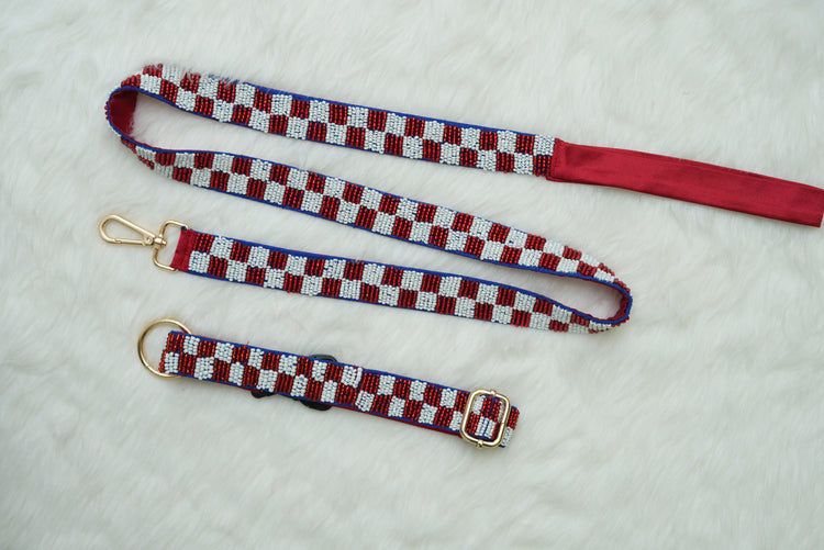 Checkered Leash & Collar - Maroon & White- Floofandco Luxury Premium Dog Leash and Collar for Small Medium and Large Dogs
