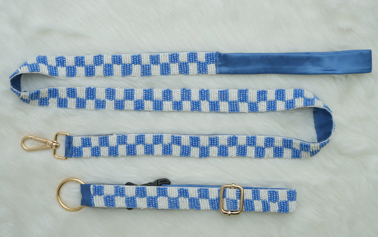 Checkered Leash & Collar - Blue & White- Floofandco Luxury Premium Dog Leash and Collar for Small Medium and Large Dogs