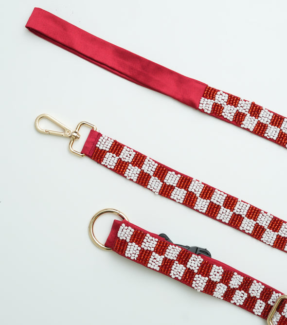Checkered Leash & Collar Red & White- Floofandco Luxury Premium Dog Leash and Collar for Small Medium and Large Dogs