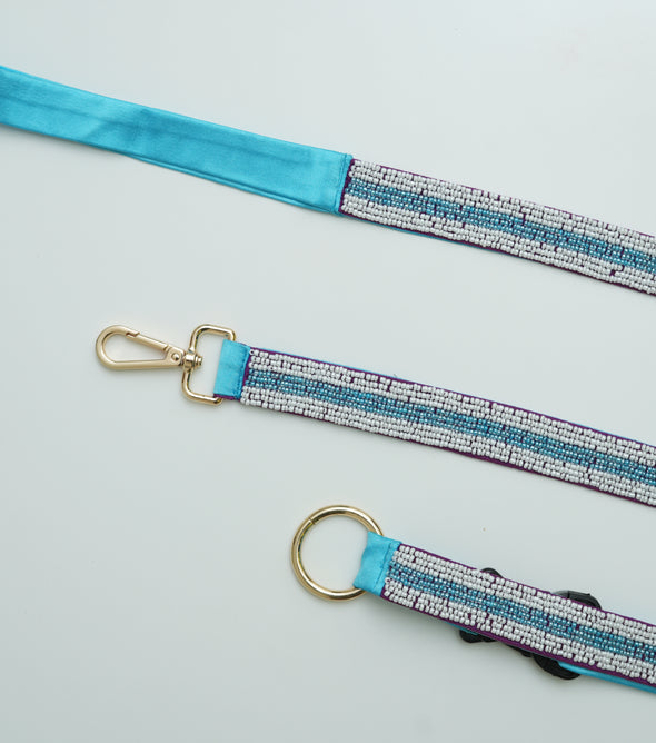 Cyan Pearl Leash & Collar - Blue & White- Floofandco Luxury Premium Dog Leash and Collar for Small Medium and Large Dogs