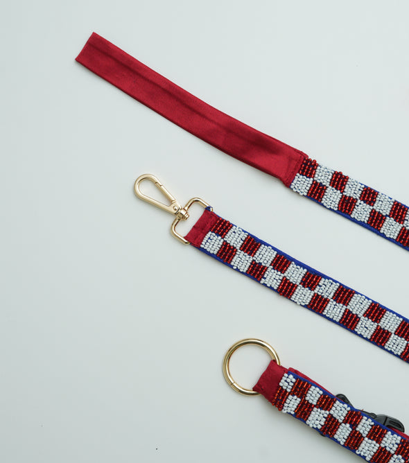 Checkered Leash & Collar - Maroon & White- Floofandco Luxury Premium Dog Leash and Collar for Small Medium and Large Dogs