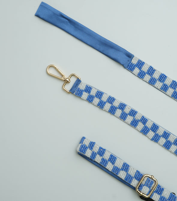 Checkered Leash & Collar - Blue & White- Floofandco Luxury Premium Dog Leash and Collar for Small Medium and Large Dogs